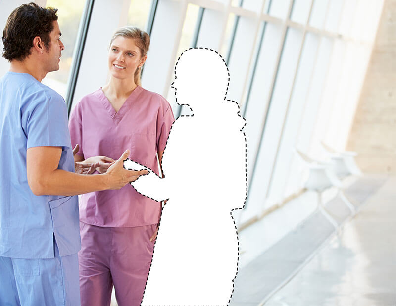 Missing nurse figure talking with other nurses to represent nursing recruitment strategies