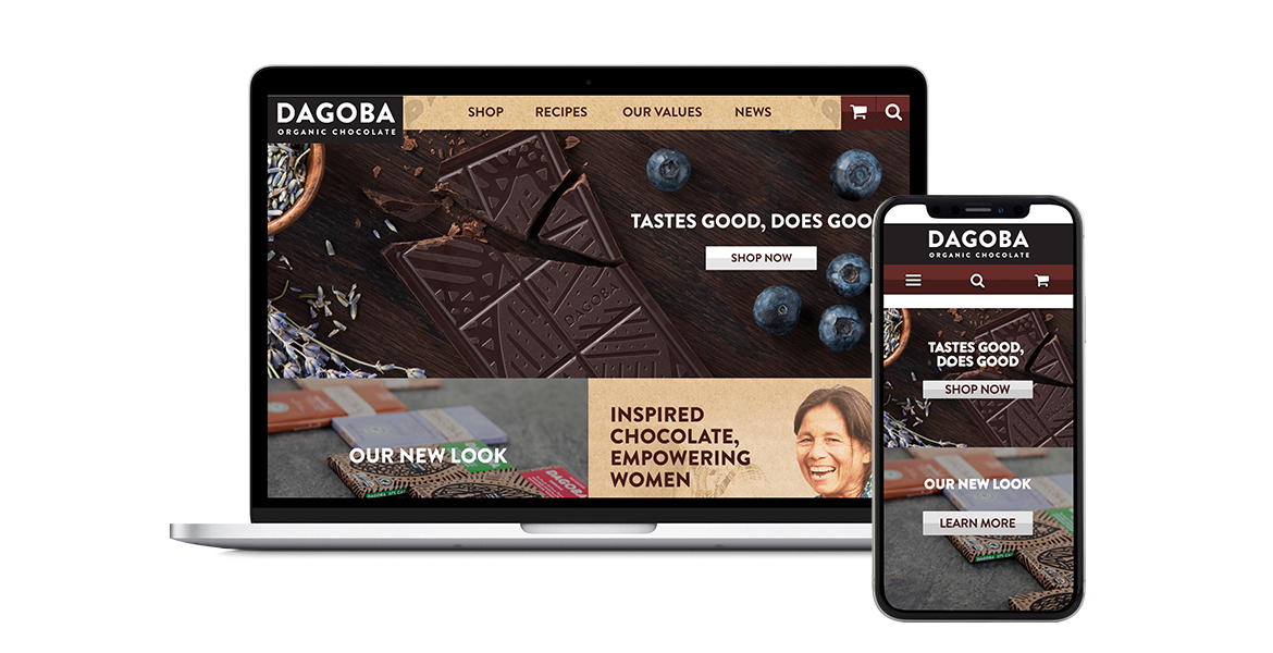 Dagoba Organic Chocolate website shown on desktop and mobile devices
