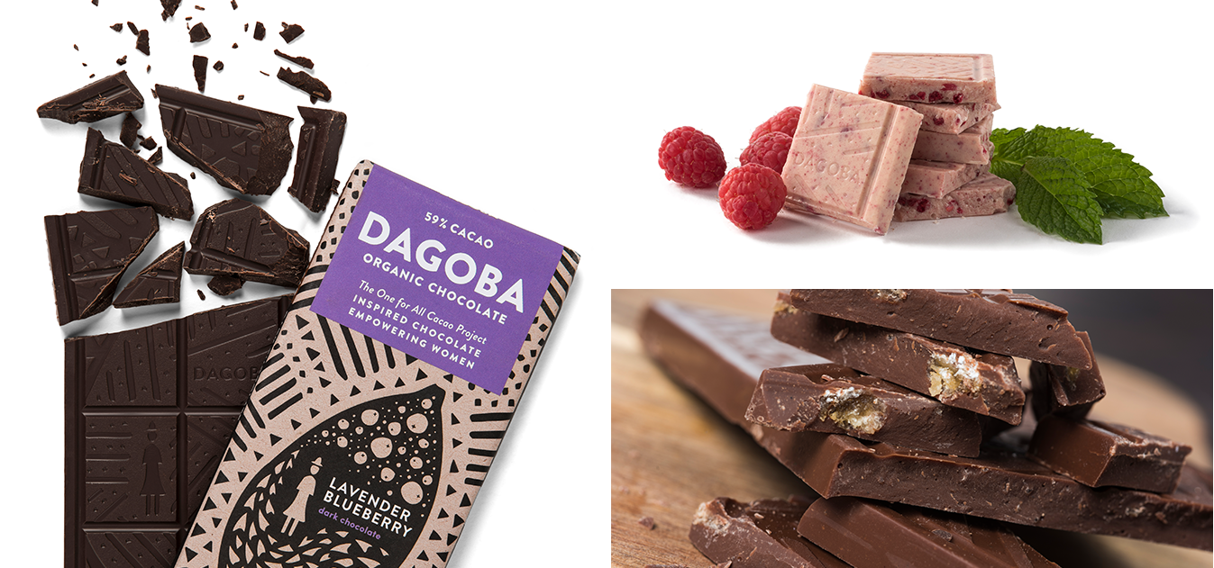 Beautiful Dagoba Organic Chocolate bars shown wrapped and unwrapped including close up detail shots