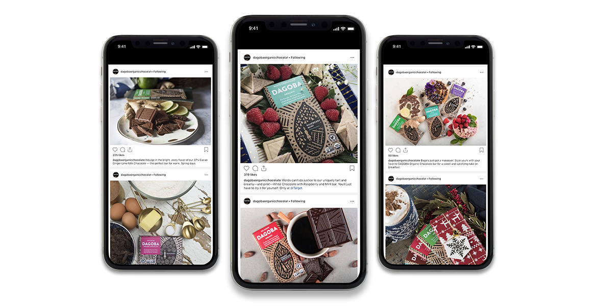 Dagoba Organic Chocolate social media posts shown on mobile device screens