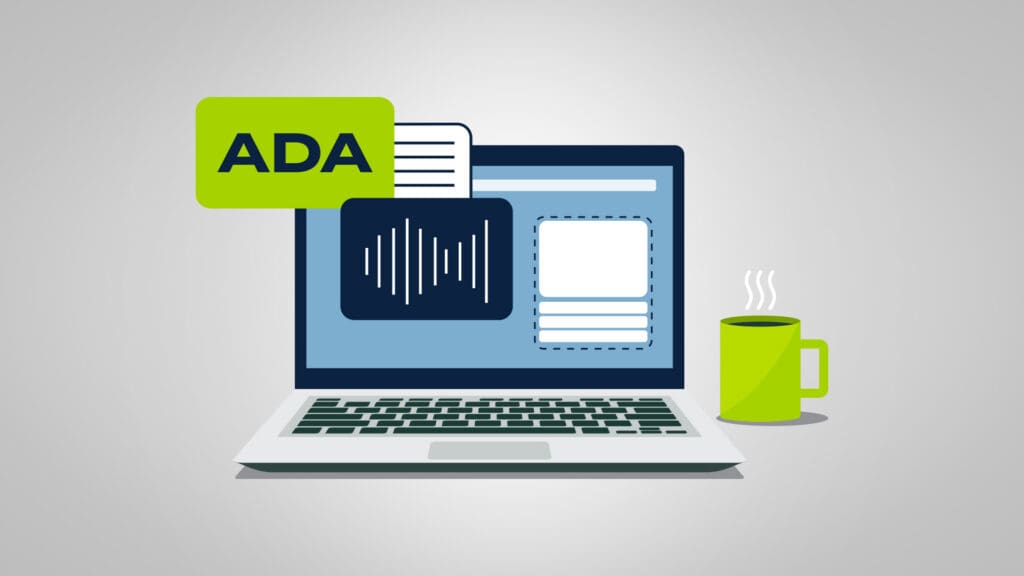 ADA accessibility for websites illustration showing a laptop with audio waveform, document, and content blocks on screen.