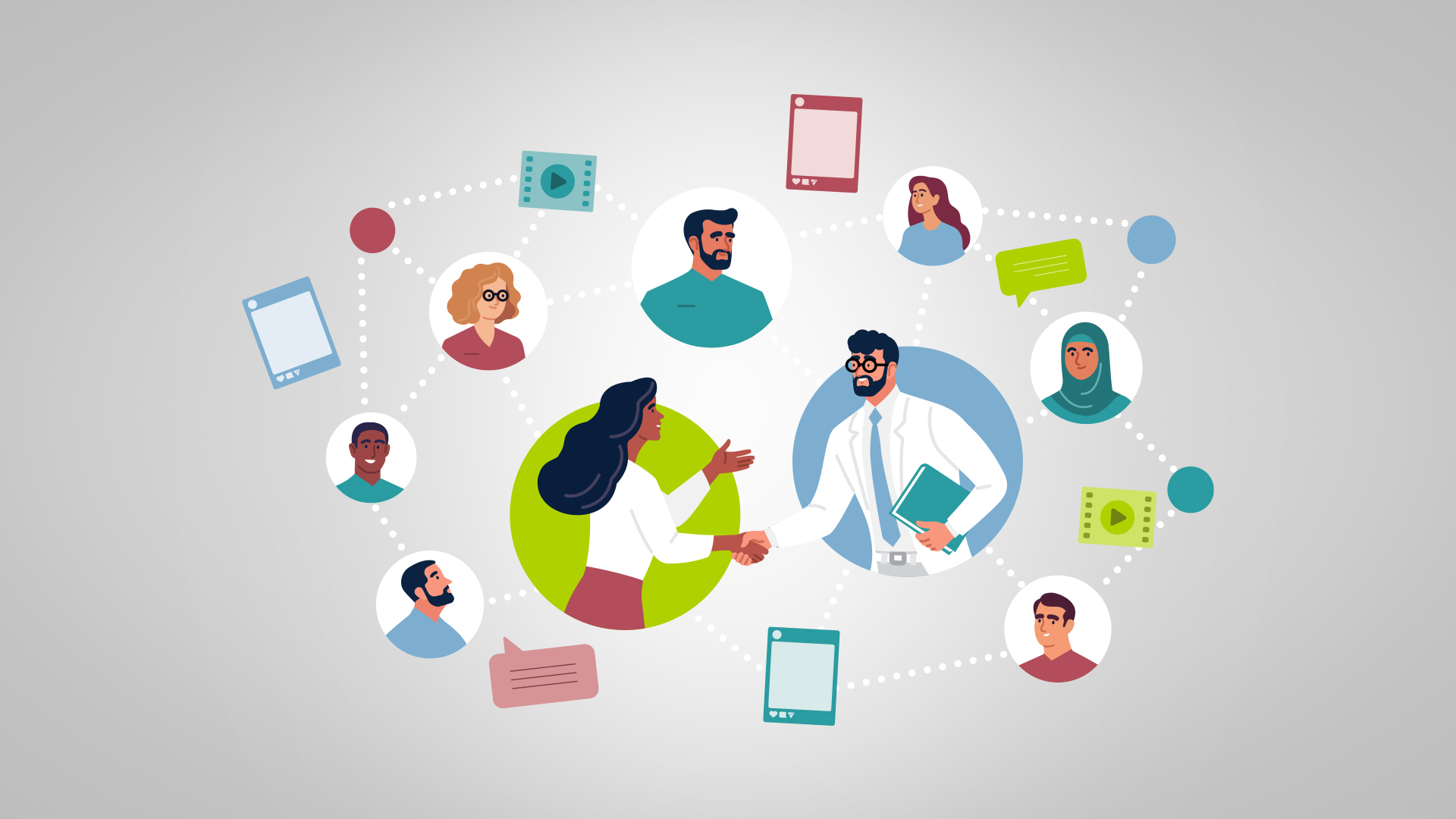 Illustration showing best practices in healthcare marketing, with a female marketer shaking hands with a male doctor surrounded by diverse healthcare professionals and social media content icons.