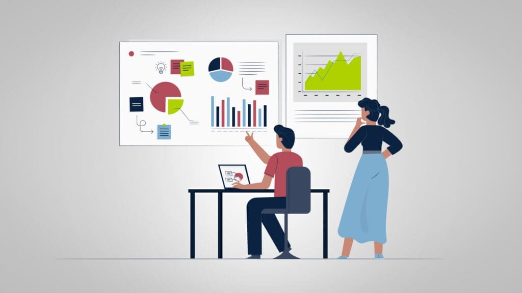 Illustration of two marketing professionals analyzing bank marketing strategies, with one pointing to a board of charts and sticky notes while the other studies a performance graph.