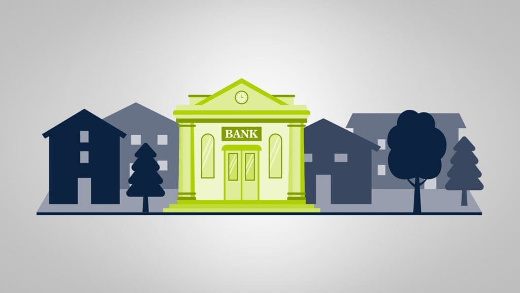 Illustration of a green community bank building with columns and a clock, surrounded by neighborhood houses and trees, representing community bank marketing.