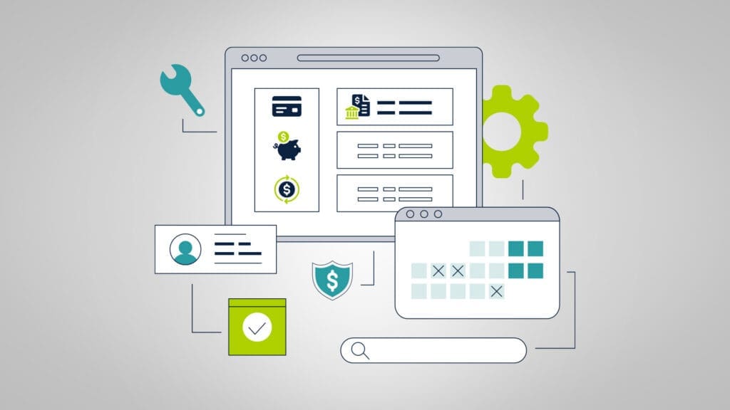 Illustration of a dashboard with user profile, financial accounts, and analytics widgets, representing customer relationship management for financial services.