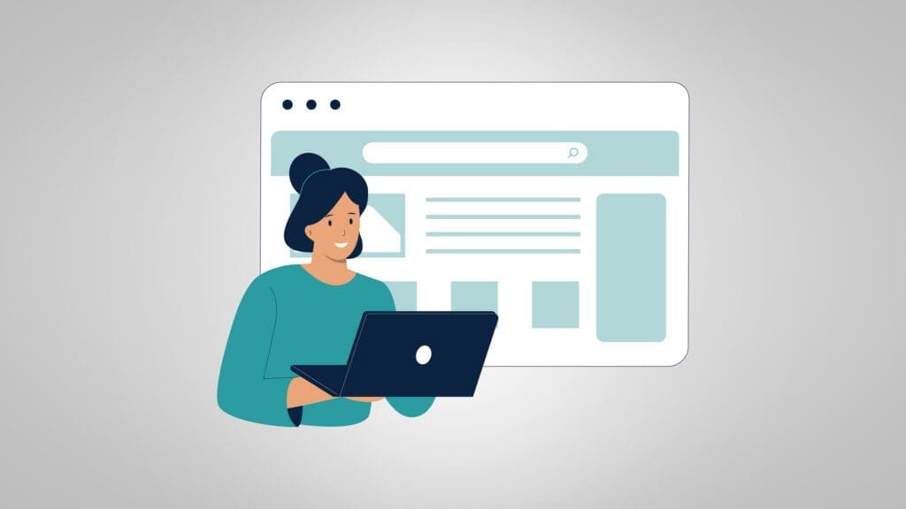 Illustration of a smiling woman working on a laptop with a website customer experience interface behind her, featuring a search bar and content layout.
