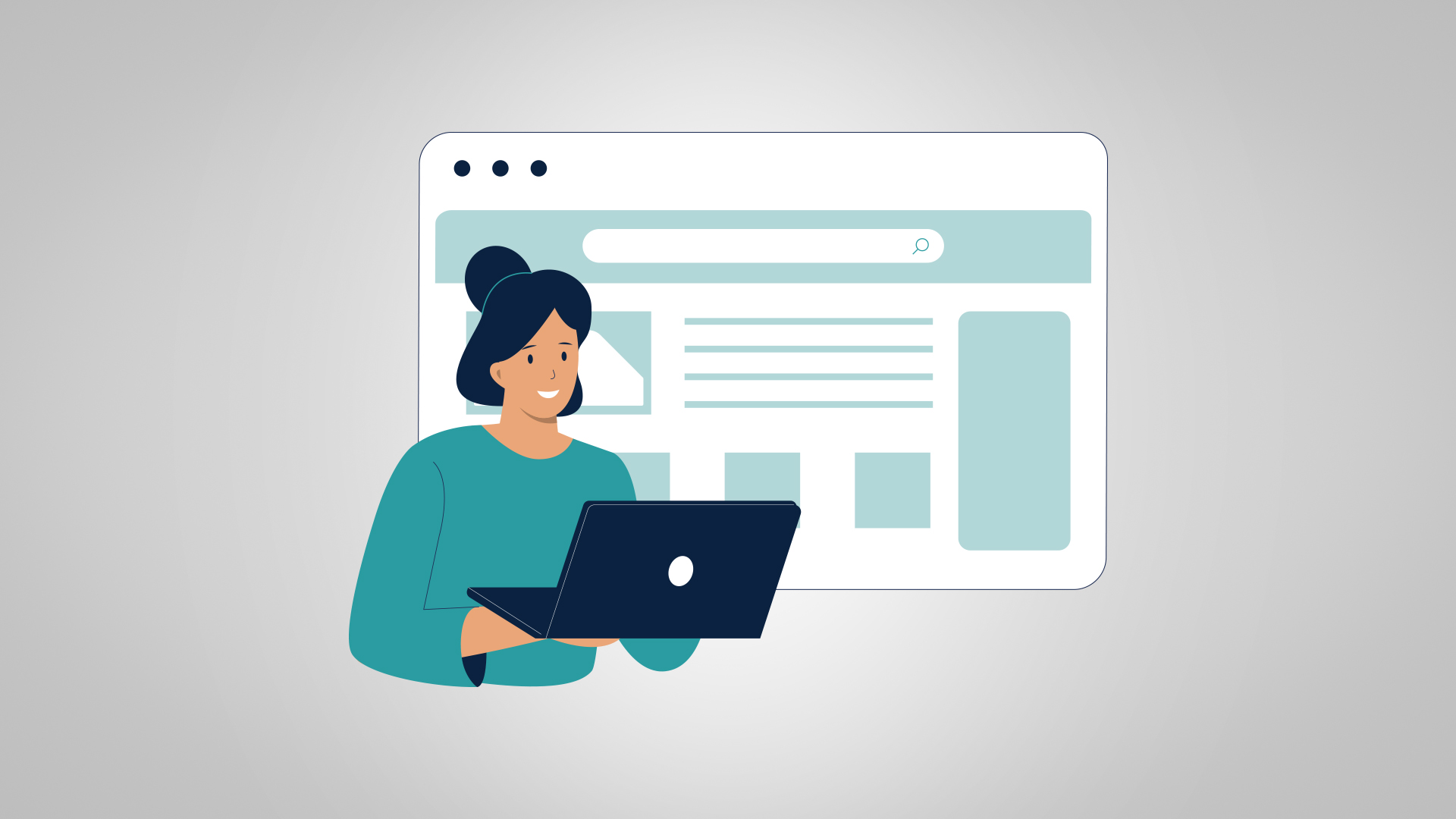 Illustration of a smiling woman working on a laptop with a website customer experience interface behind her, featuring a search bar and content layout.
