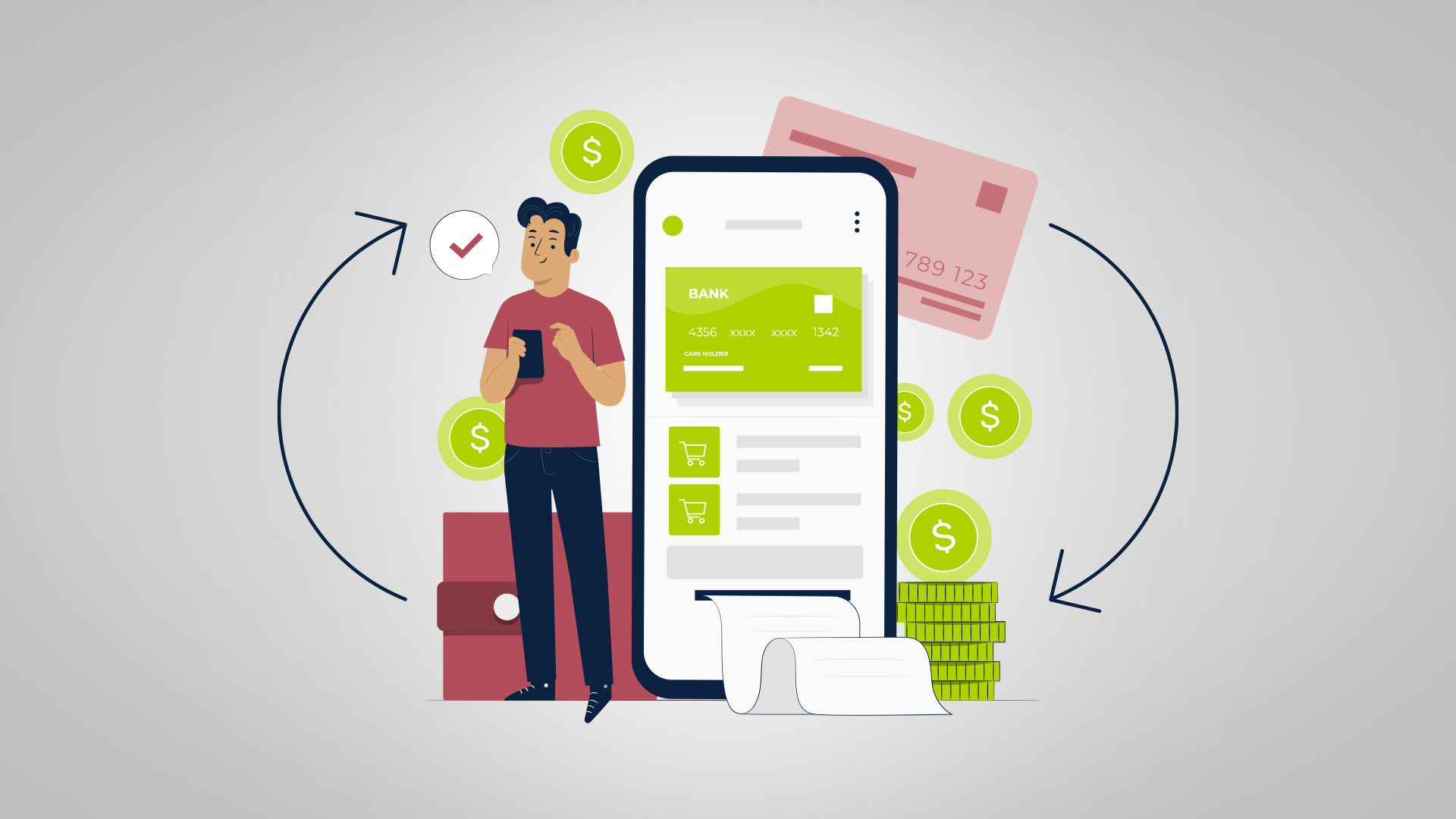 Illustration of a man using a smartphone banking app with cards, coins, and receipts, representing digital engagement in banking.