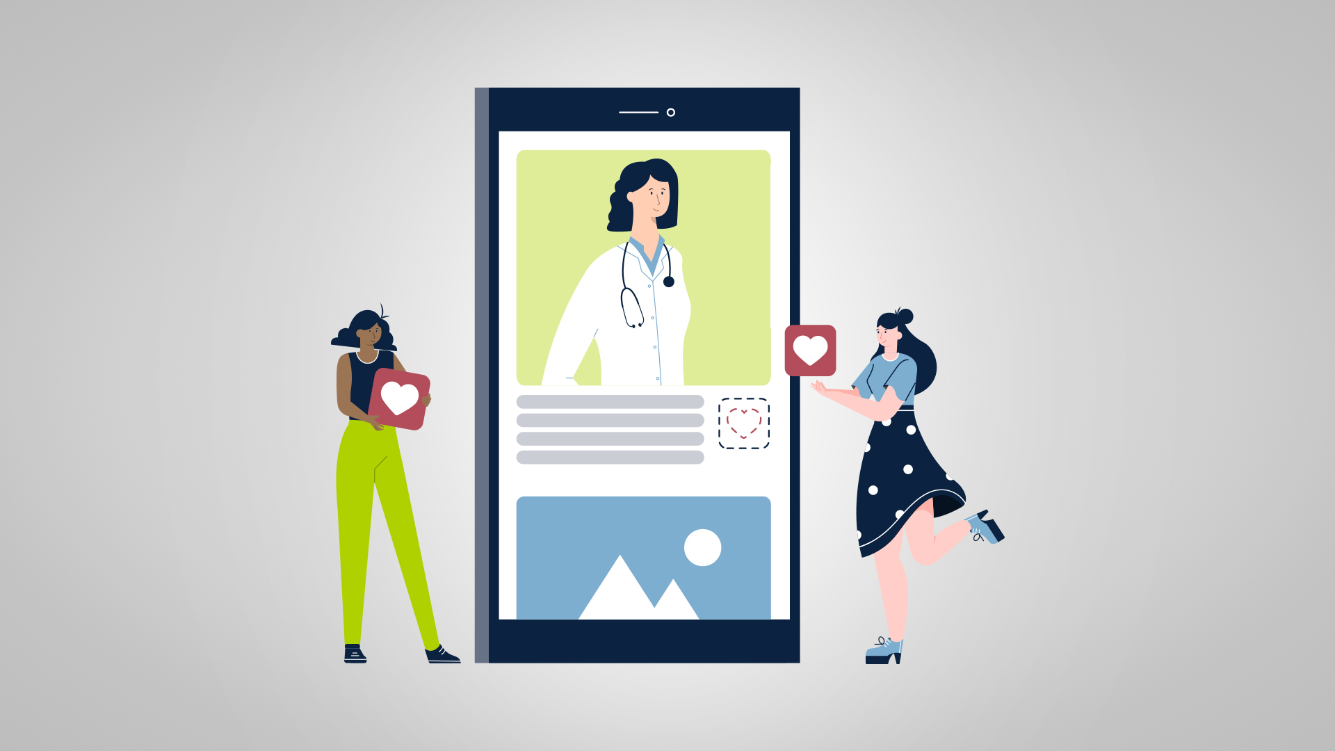 Illustration of two women holding heart-shaped like icons next to a giant smartphone displaying a female doctor's social media profile, representing micro-influencers in healthcare marketing.