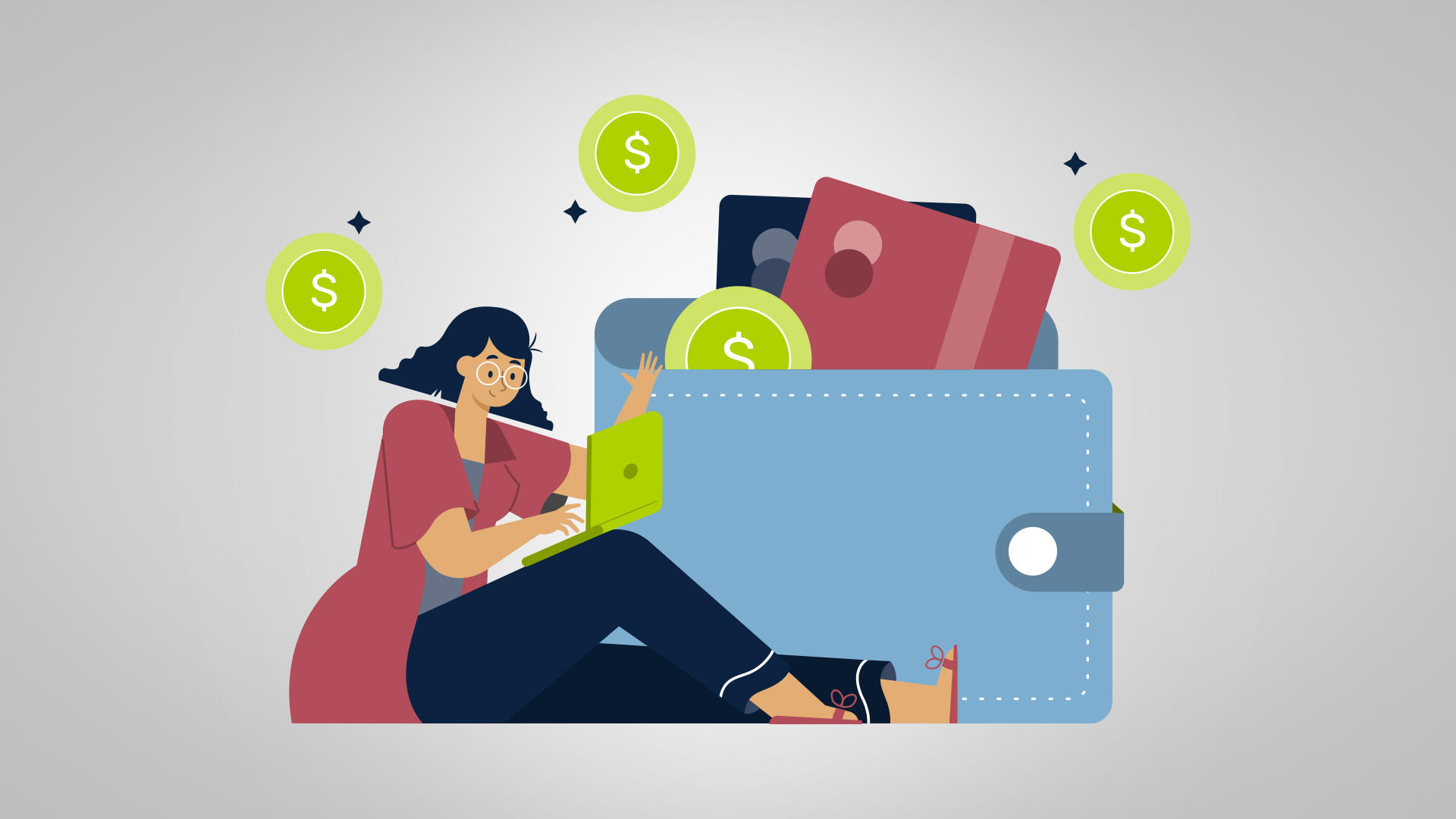 Illustration of a woman working on a laptop in front of a large wallet with credit cards and floating dollar coins, representing the connection between digital marketing and financial services brand building.