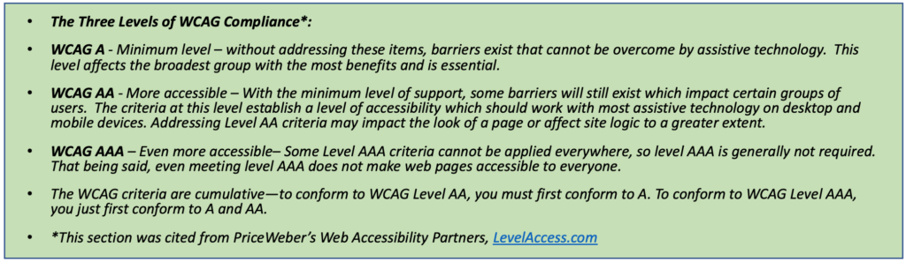 The Three Levels of WCAG Compliance*: