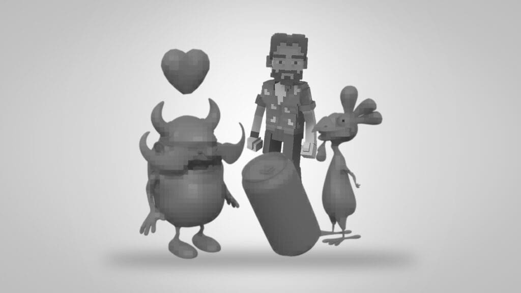 Different pixelated characters to represent brands and the metaverse