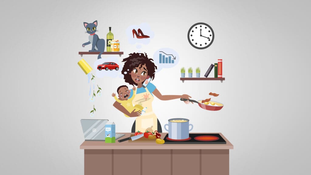 Illustration of busy mom holding baby and cooking while products hover around her head, representing how to catch attention in advertising