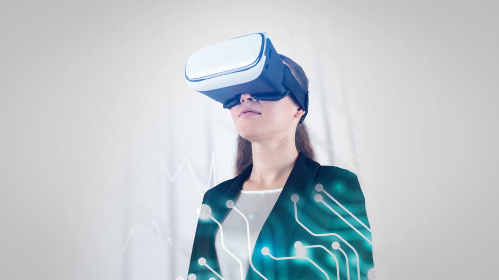 Woman using VR headset, one of the many practical applications useful for metaverse banking.