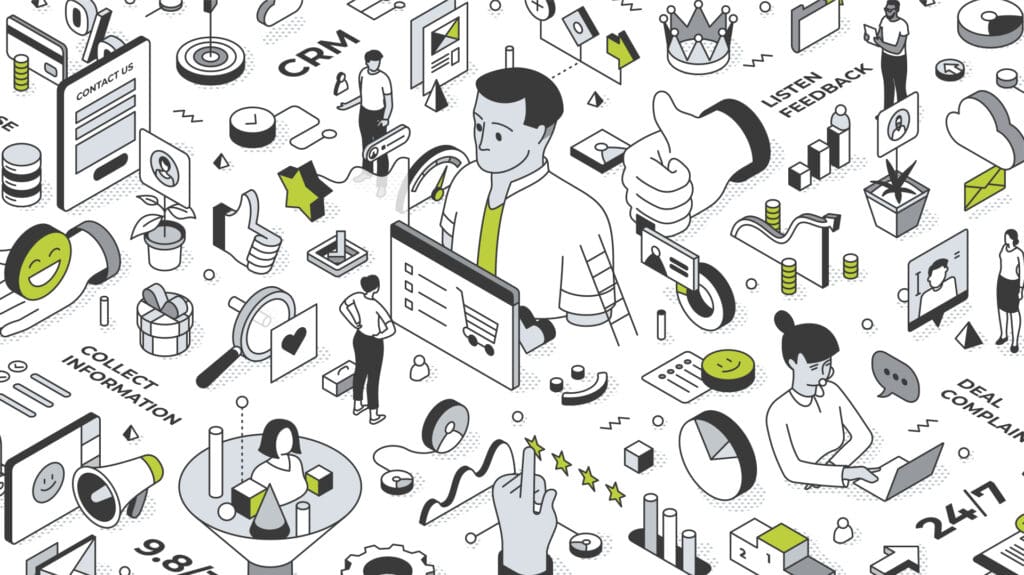 Phones, charts, and other icons of customer service representing a CX audit