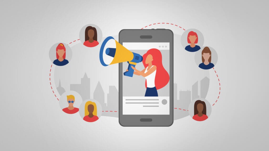 Illustration of woman with megaphone popping out of a phone surrounded by figures, representing influencer marketing