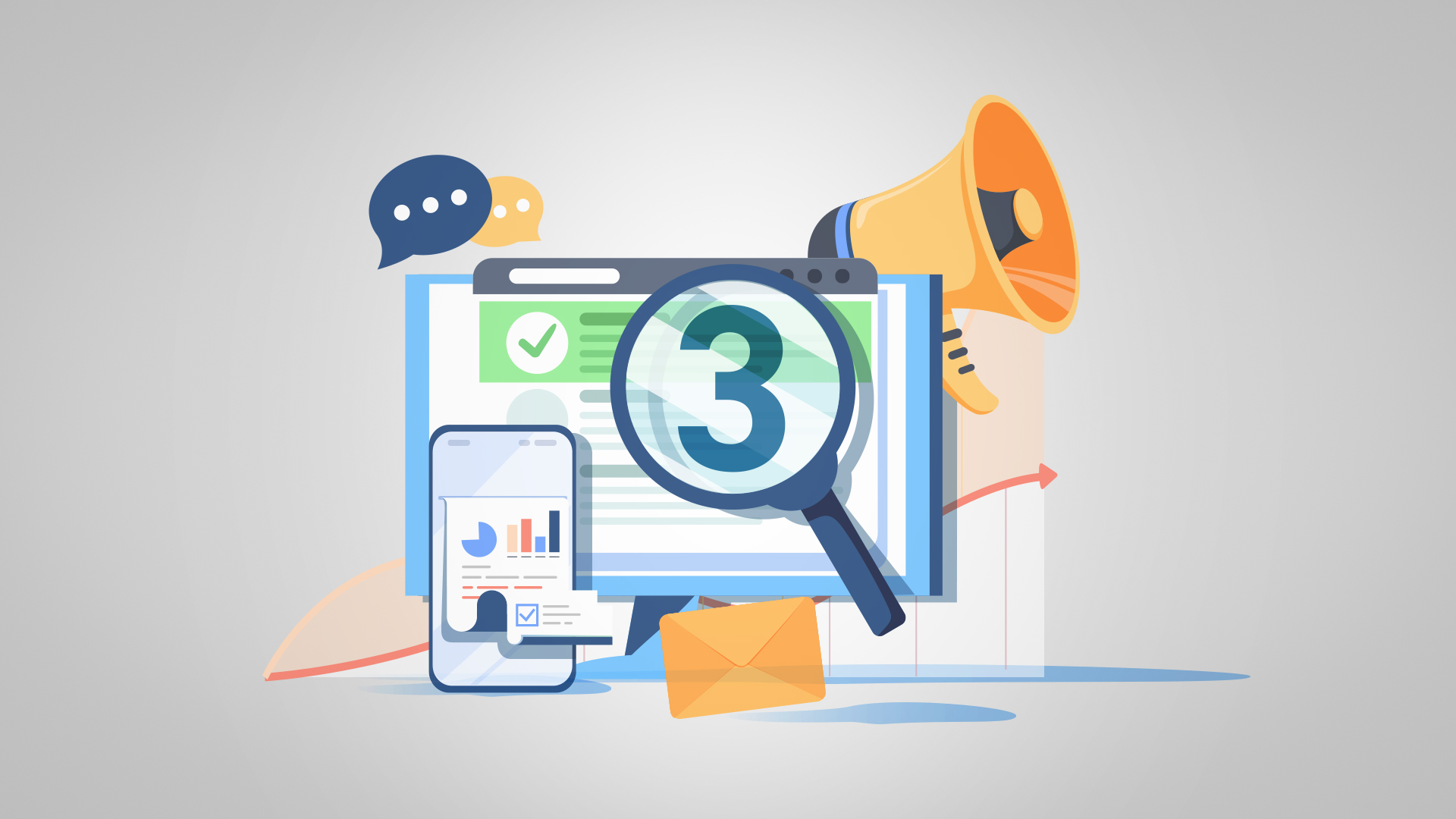 Illustration of computer screen, phone, megaphone, and other symbols representing a B2B marketing strategy.