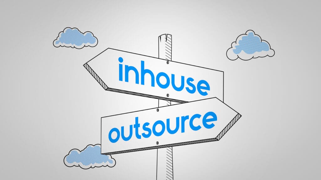 Illustration of two signposts that read "In-house and "Outsource," representing the question of choosing in-house marketing.