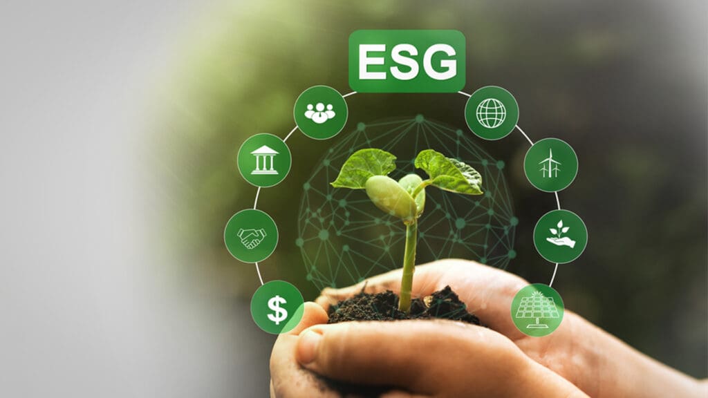 Hands holding seedling and surrounded by icons representing ESG branding