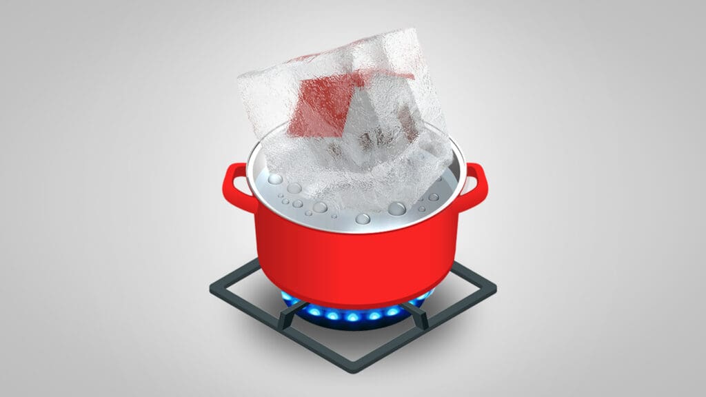 House in bag in a pot of boiling water, representing how to keep mortgage marketing hot