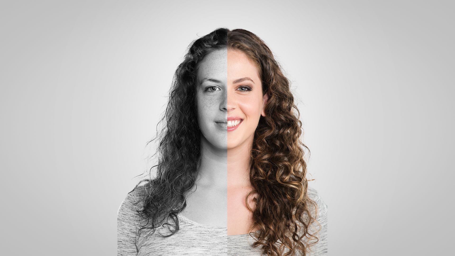 Split black and white and color photo of woman's face, representing real self vs ideal self in advertising.