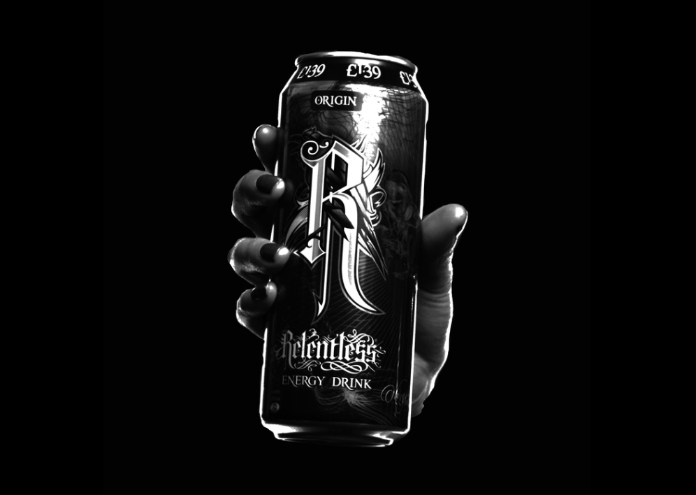 Hand holding a can of Relentless energy drink, and example of black and white advertising.