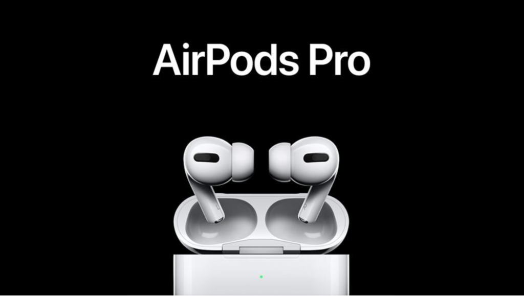 Apple AirPods Pro earbuds and product name, and example of black and white advertising.