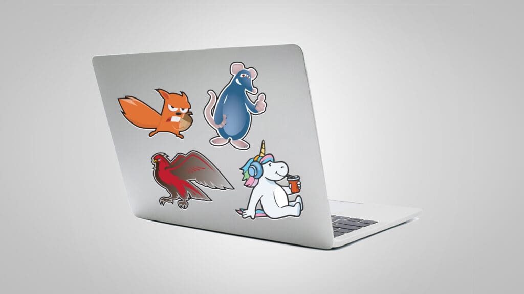 Laptop with stickers of types of "digital spirit animals" that represent bias in digital marketing