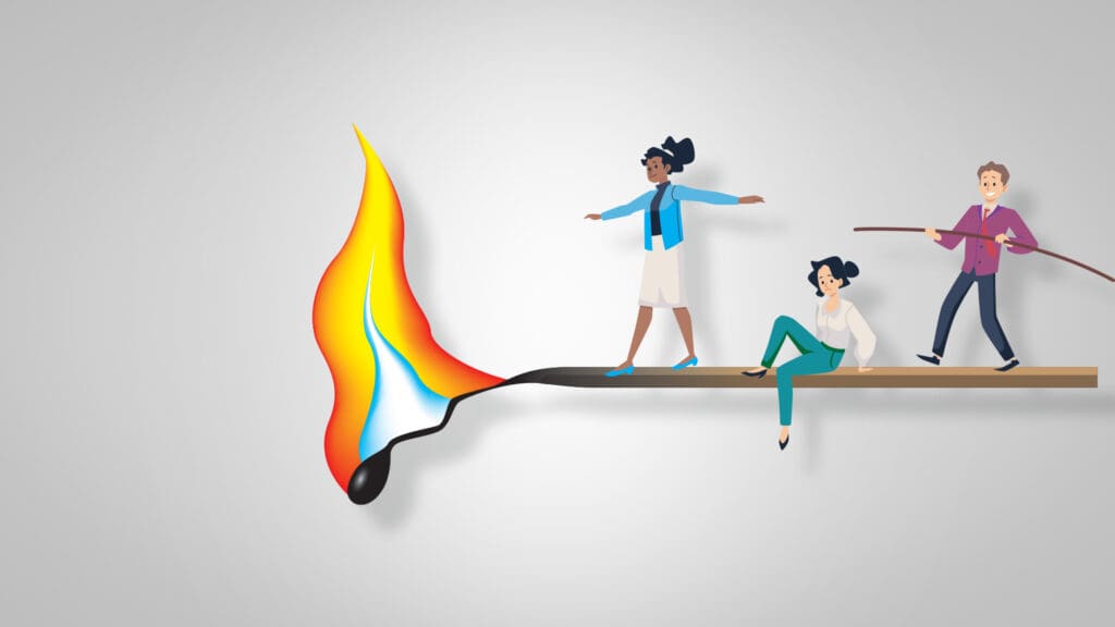 People balancing on a lit matchstick, representing social media manager burnout