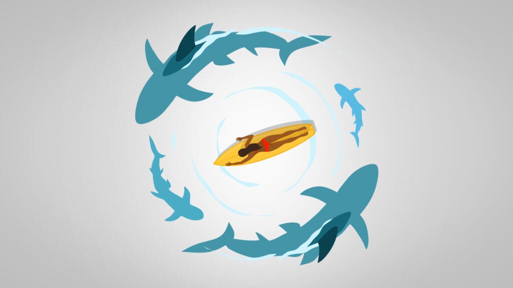 Sharks circling surfer, representing website ownership elements business owners need to watch out for