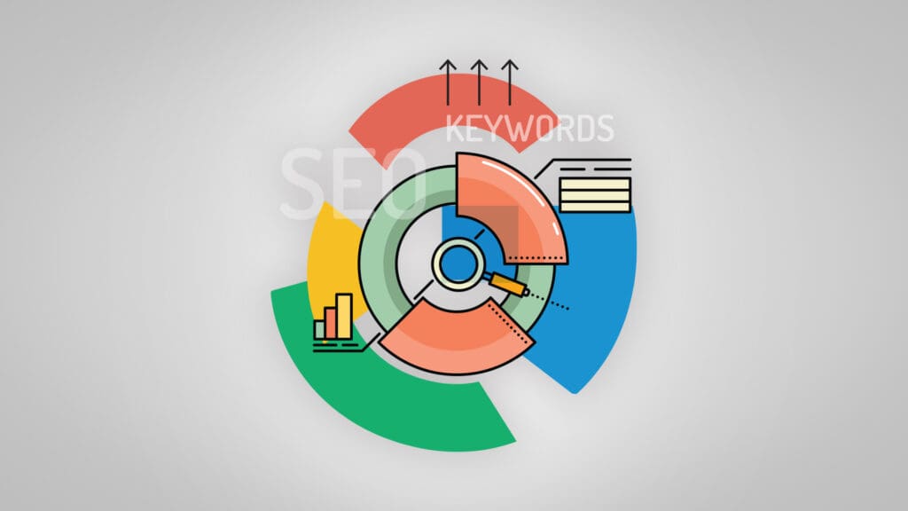 Illustration of different icons and shapes in Google colors to represent Google keyword ranking.