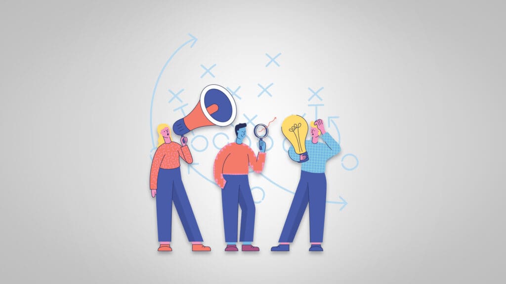 Illustration of three figures holding different objects to represent a PR team on the sidelines.