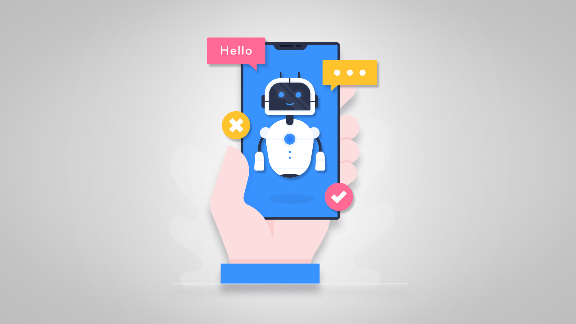 Hand holding phone with robot image and speech bubbles, representing the pros and cons of AI in marketing.