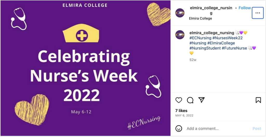 Elmira College celebrates Nurses Week - Instagram post