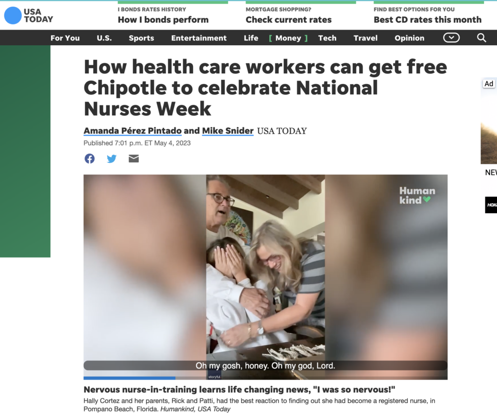 Chipolte Nurses Week Article in USA Today