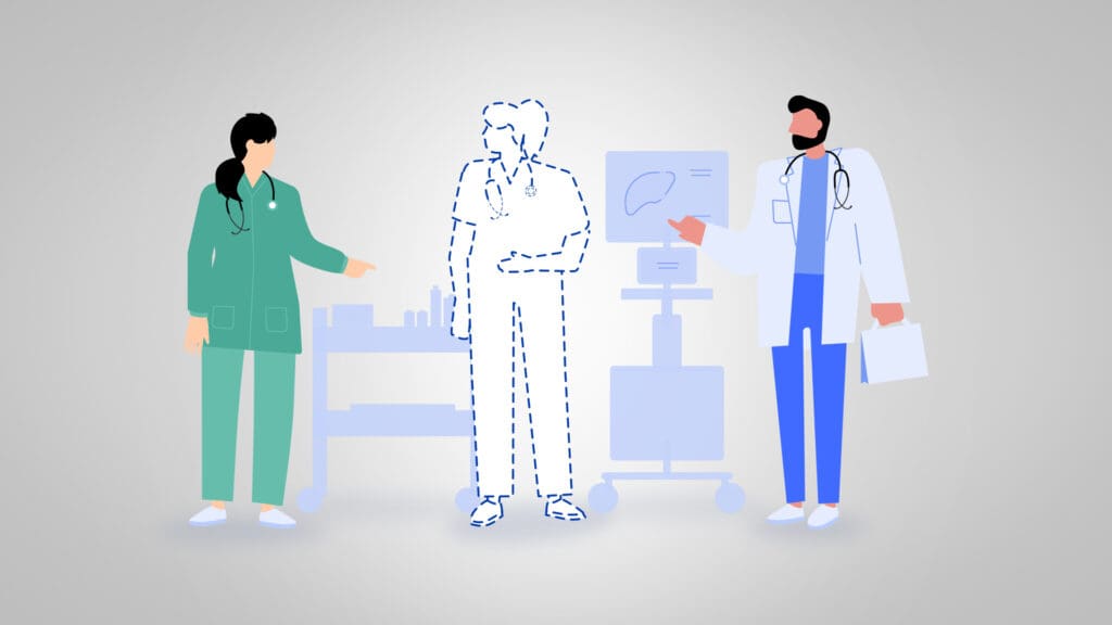 Two medical professionals with a third as an outline, representing using National Nurses Week for healthcare recruitment.