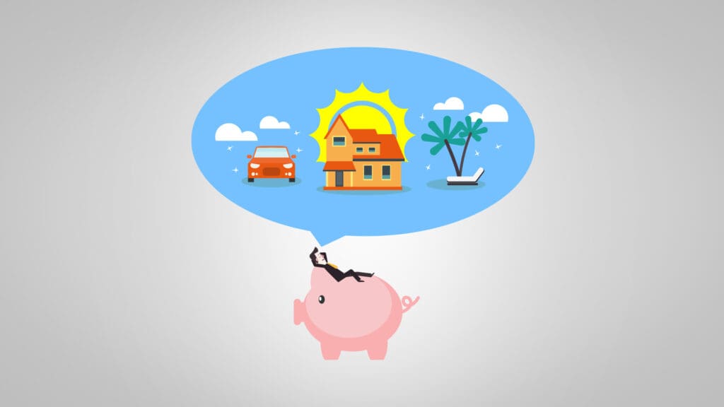 Man laying on large piggy bank dreaming of a car, house, and island, representing bank promotional ideas for summer.