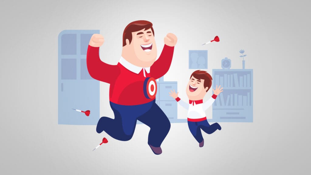 Father with son wearing target, representing fathers in advertising and the "doofus dad" stereotype