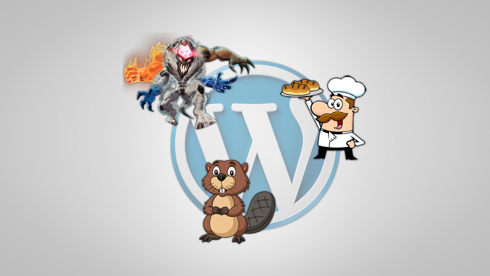 WordPress logo surrounded by different characters representing WordPress builder plugins.