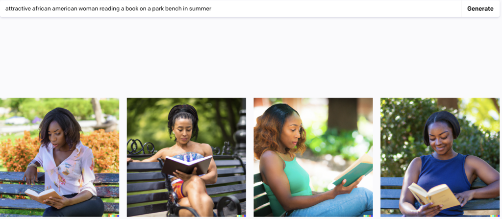Dall-E2 search results for "“Attractive African American Woman Reading Book on Park Bench.”