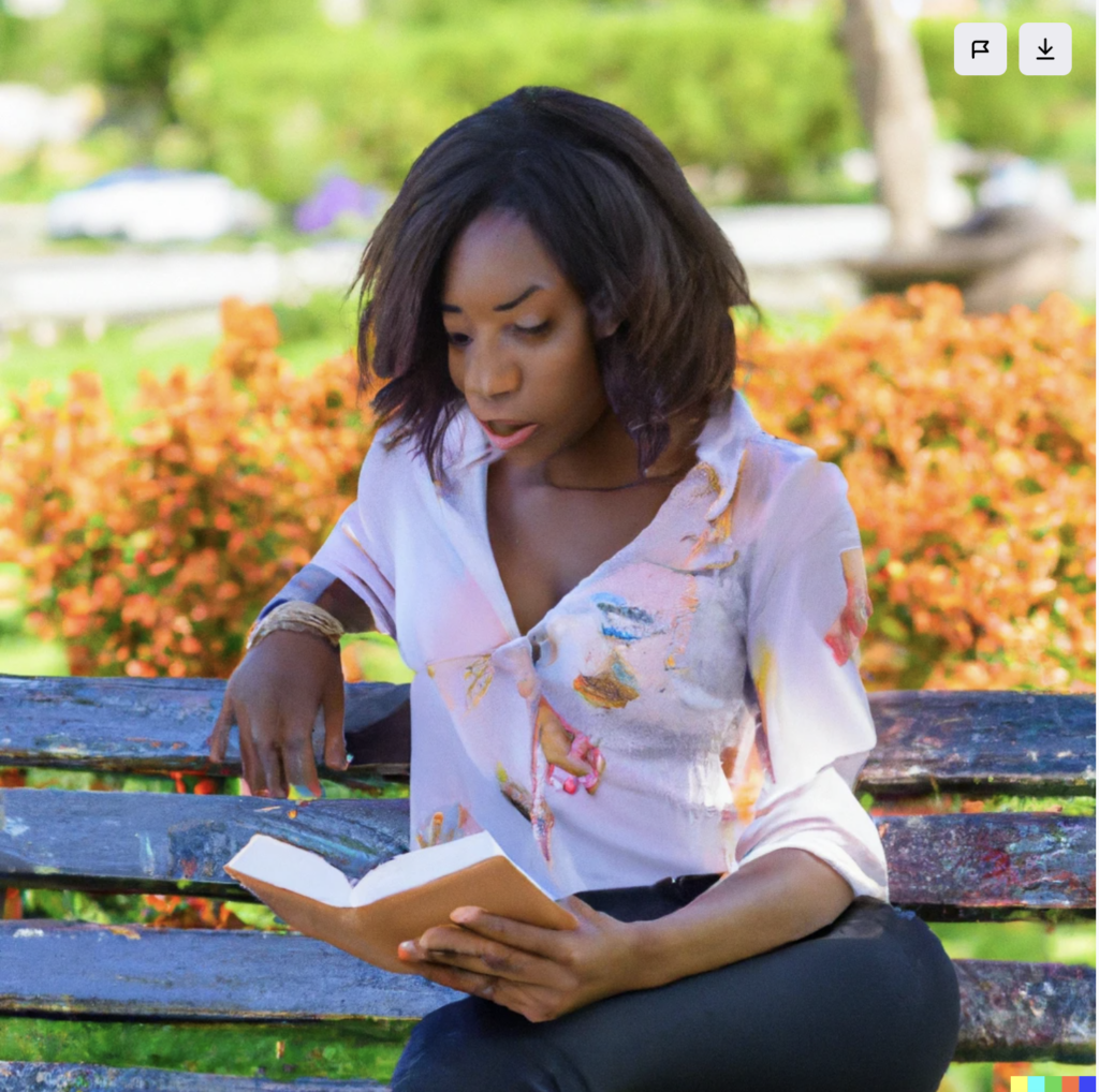 Dall-E2 search result 1 for "“Attractive African American Woman Reading Book on Park Bench.”