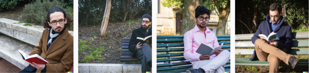 Dall-E2 prompt “Person who looks like Niccolò Massariello sitting on a park bench reading a book”