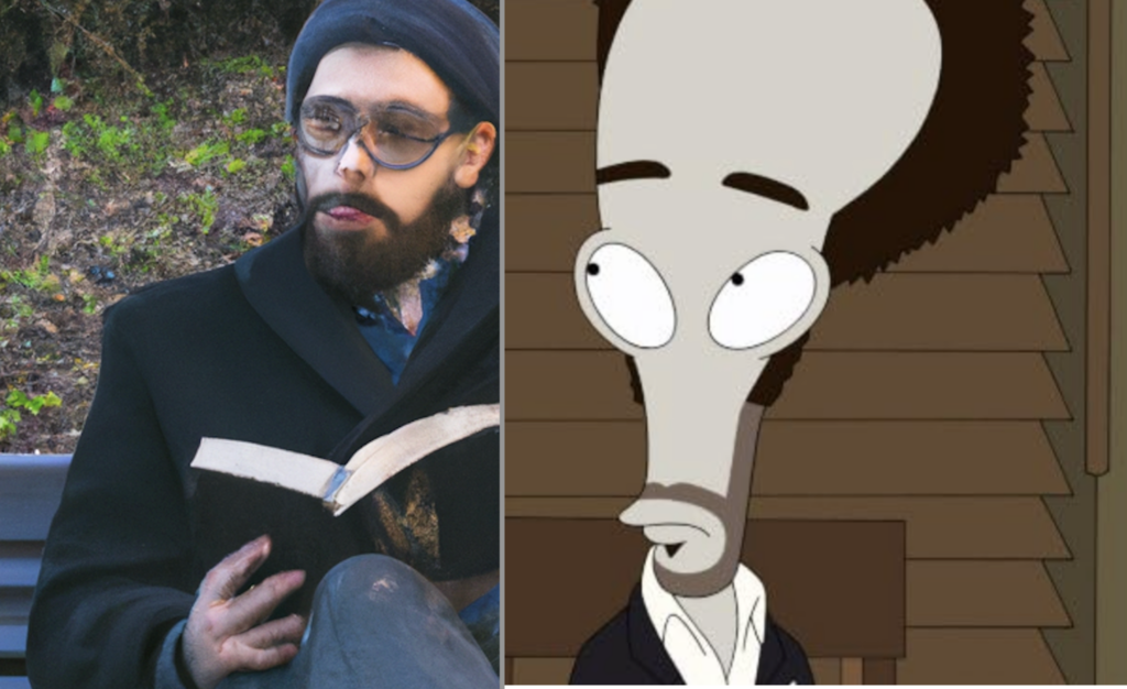 Dall-E2 search for “Person who looks like Niccolò Massariello sitting on a park bench reading a book” looks like Roger from American Dad 