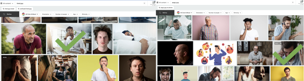 Stock photography search results for for “tired” and “angry”