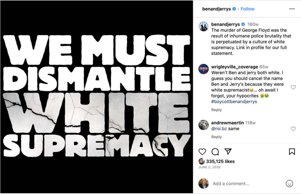 Ben & Jerry's post, "We must dismantle White Supremacy"