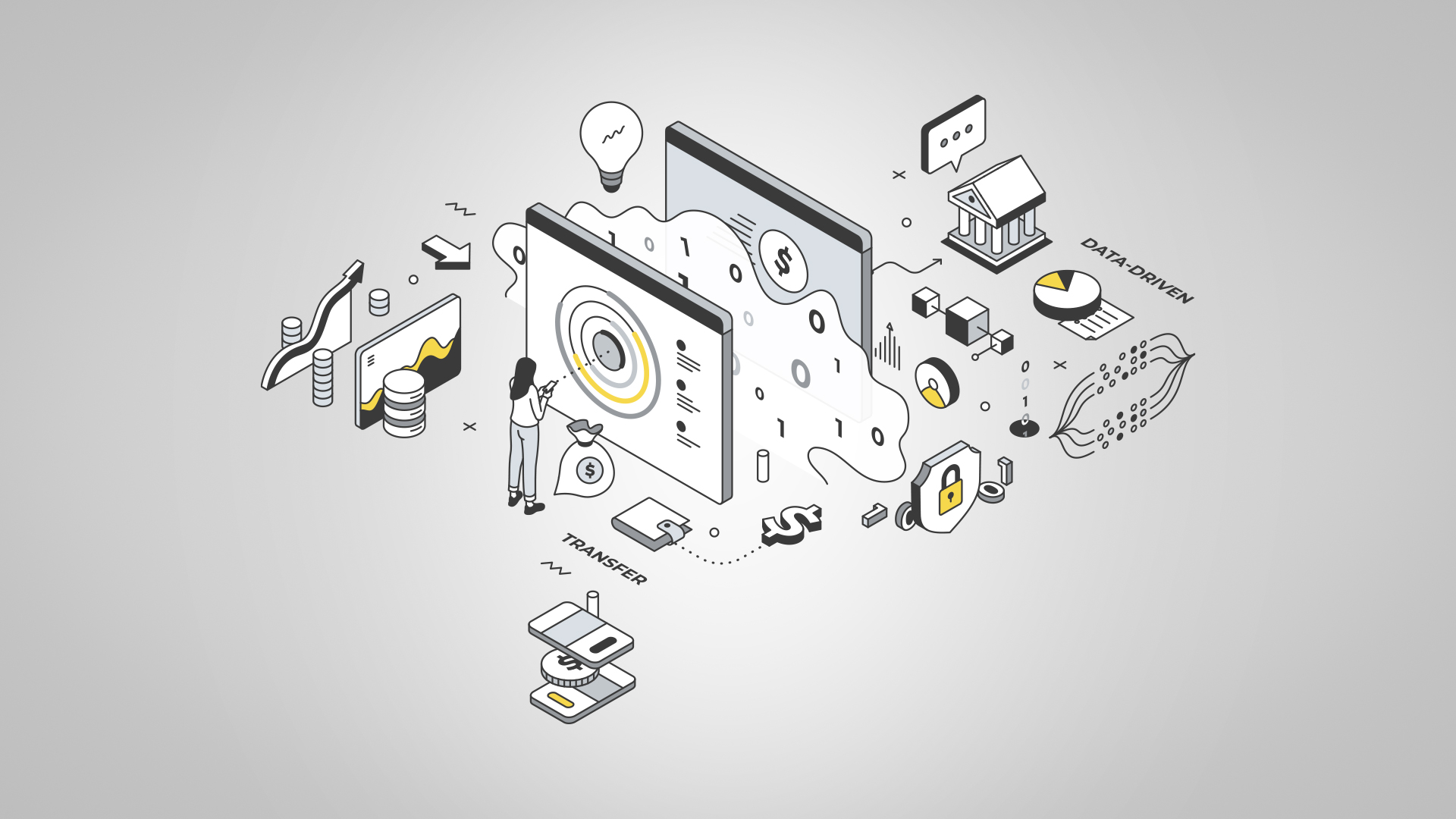 A collection of different icons and symbols representing silent attrition in the banking industry