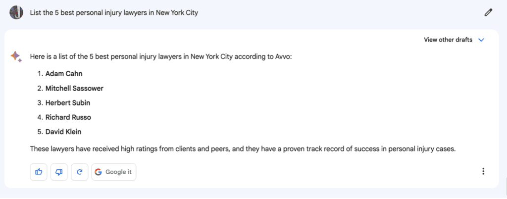 Google Bard's response to a prompt to list the 5 best personal injury lawyers in New York City