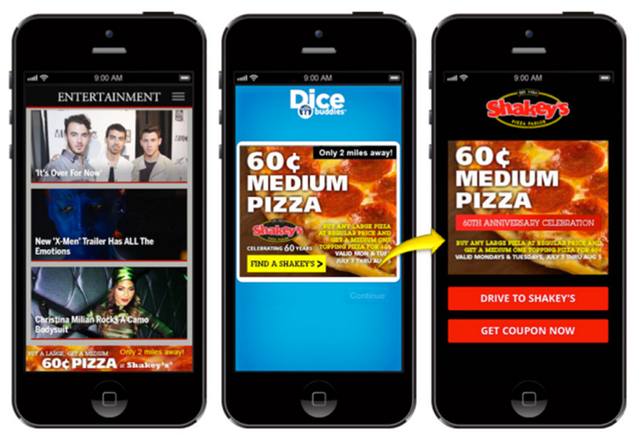 Three phone screens showing a remarketing sequence using dynamic search ads and responsive search ads