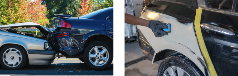 Two images featuring car damage, one of a car accident and the other of a body shop repairing a car