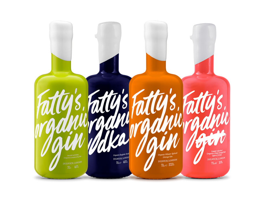 Colorful gin bottles, an example of great beverage packaging design.